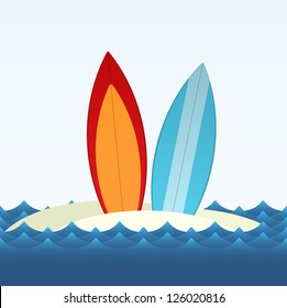 Simple vector illustration of two surfing boards standing on the beach sand. EPS10.