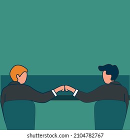 Simple Vector illustration of two young happy male worker bump their fist to celebrate their success at the office. Business teamwork concept line art modern design vector illustration 