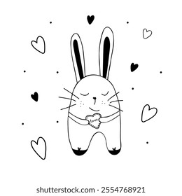 A simple vector illustration for Valentine's Day. Rabbit in love. A hare with a heart in his hand. Hand-drawn doodles. Black, white colors. Template for postcards, greetings, prints, covers, etc.