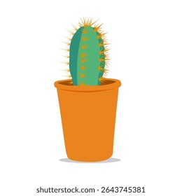 simple vector illustration of a vibrant green cactus with spikes, standing tall in a terracotta pot, all set against a white background. A houseplant potted cactus
