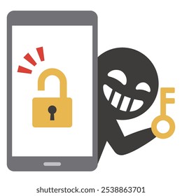 Simple vector illustration of a villain disabling the security of a smartphone