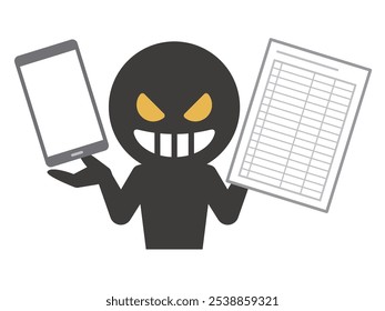 Simple vector illustration of a villain with a smartphone and a list