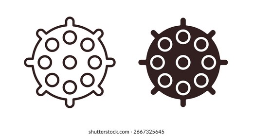 Simple vector illustration of a virus icon in outline and solid styles, isolated on white.