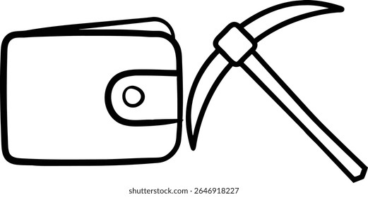 Einfache Vektorgrafik einer Geldbörse und einer Pickaxe, die den Bergbau für Geld darstellt.