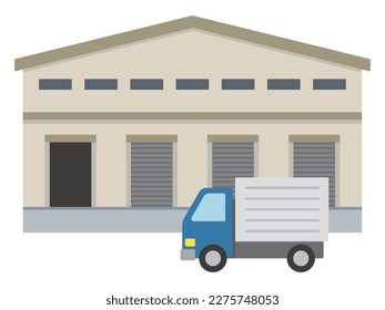 Simple vector illustration of warehouse and delivery car