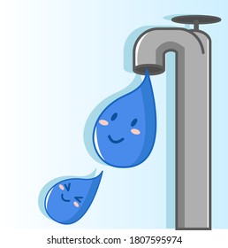 Simple vector illustration of water droplets. Cute face. Cute character. Save water. Washing hands. Take care of health. Keep clean. Healthy life. Take a bath. Fresh water. Clean water