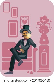 A simple vector illustration where a gentleman is sitting on a sofa in a museum interior and looking at a statue, there are paintings on the wall. Everything is in pink tones