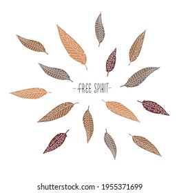 Simple vector illustration where some feathers flying around lettering Free Spirit. Trendy color
