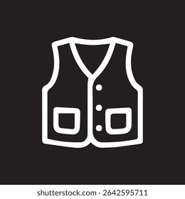 A simple vector illustration of a white vest with pockets and buttons, set against a solid black background.
