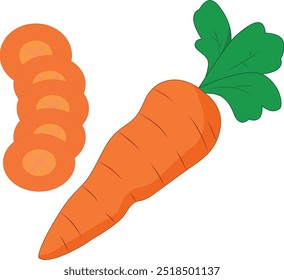 A simple vector illustration of a whole carrot and carrot slices. Perfect for food-related designs, children's books, and healthy lifestyle campaigns.