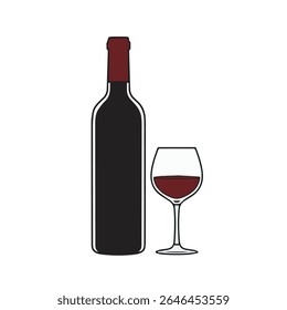 Simple vector illustration of a wine bottle with a red foil top and a filled wine glass beside it. Minimalistic and perfect for beverage, wine, restaurant, and celebration themes
