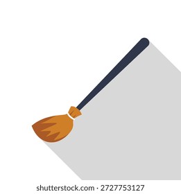 Simple vector illustration of a witch broom lying diagonally, casting a long shadow on a white background