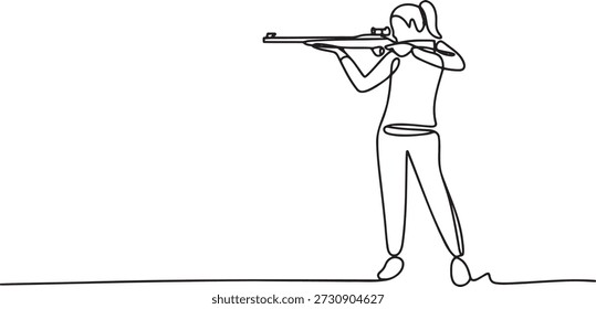 Simple vector illustration of woman practicing shooting stance. Minimalist continuous line drawing of female biathlon competitor or markswoman. Artistic outline sketch representing sports competition focus discipline and precision shooting skill.