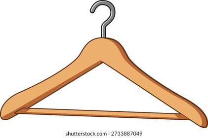 Ilustração vetorial simples de um cabide de roupas de madeira na perspectiva da vista lateral. Estilo plano mínimo isolado no fundo branco, adequado para acessórios de moda, equipamentos de guarda-roupa, serviço de lavanderia e conceitos de organização doméstica
