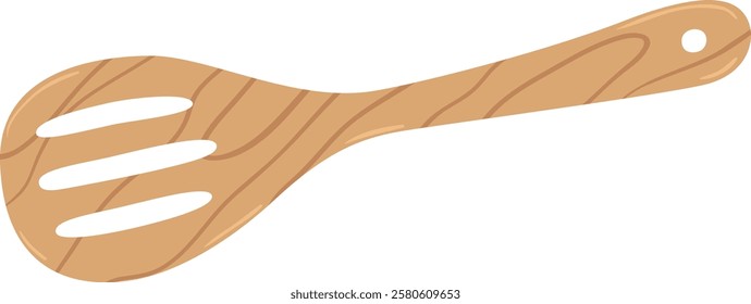 Simple vector illustration of a wooden slotted spoon with a hole for hanging, lying horizontally, isolated on a white background, ideal for cooking and food related designs