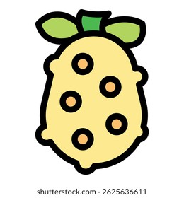 Simple vector illustration of a yellow cherimoya fruit with green leaves growing on the vine