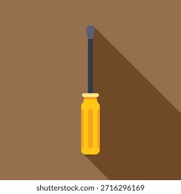 Einfache Vektorgrafik eines gelben Schraubendrehers, der einen langen Schatten auf braunem Hintergrund wirft, perfekt für DIY- und Reparaturkonzepte 