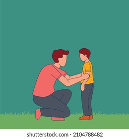 Simple Vector illustration of a young father giving some wise advice talk to his son at home, family life. Happy parenting concept. line art modern design vector illustration 