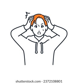 A simple vector illustration of a young man wearing a hoodie holding his head and worrying.