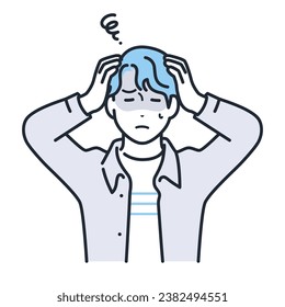 A simple vector illustration of a young man in casual clothes holding his head and worrying.