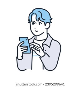 A simple vector illustration of a young man in casual clothes operating a smartphone with a smile