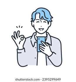 A simple vector illustration of a young man in casual clothes holding a smartphone and giving an OK sign.