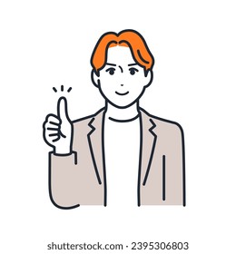 A simple vector illustration of a young man wearing a casual suit smiling and giving a good sign.