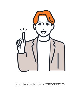 A simple vector illustration of a young man wearing a casual suit pointing and explaining
