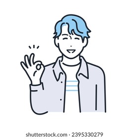 A simple vector illustration of a young man in casual clothes smiling and giving an OK sign