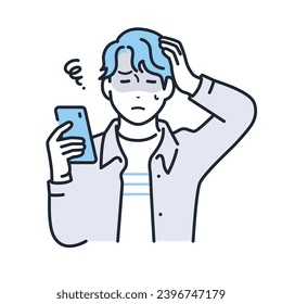 A simple vector illustration of a young man in casual clothes holding a smartphone and holding his head.