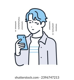 Simple vector illustration of a young man in casual clothes crying looking at his smartphone