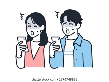 Una simple ilustración vectorial de un hombre y una mujer jóvenes que están impactados cuando ven sus smartphones