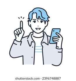 A simple vector illustration of a young man in clothing holding a smartphone and explaining