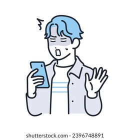 A simple vector illustration of a young man in casual clothes who is shocked when he looks at his smartphone