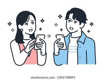 Una simple ilustración vectorial de un hombre y una mujer joven sosteniendo smartphones y ojos brillantes