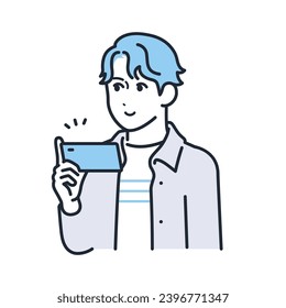 A simple vector illustration of a young man in casual clothes watching video content on his smartphone