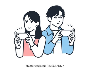 A simple vector illustration of a young man and woman watching video content on a smartphone