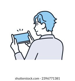 A simple vector illustration of a young man in casual clothes playing games on his smartphone