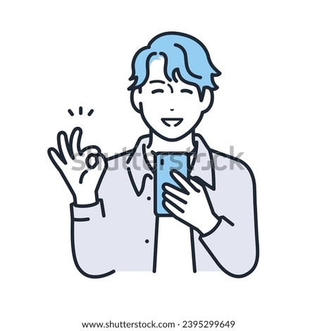 A simple vector illustration of a young man in casual clothes holding a smartphone and giving an OK sign.