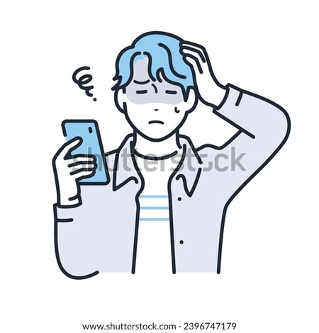 A simple vector illustration of a young man in casual clothes holding a smartphone and holding his head. [[stock_photo]] © 