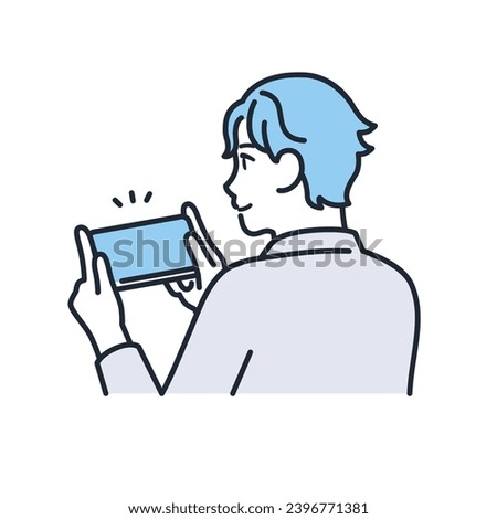 A simple vector illustration of a young man in casual clothes playing games on his smartphone