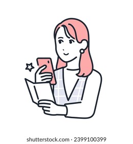 A simple vector illustration of a young woman taking a picture of a notification postcard with a smartphone