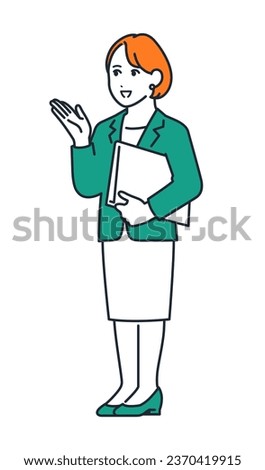 A simple vector illustration of a young woman in a suit holding a file and making a proposal.