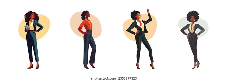 Simple vector illustrations of black women in business suits. Empowering diversity in the corporate world.