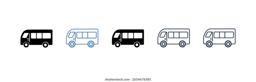 Ilustrações vetoriais simples de diferentes variações de minibus Esta imagem apresenta três variações de um minibus, apresentado em preto, azul e em tons de cinza.