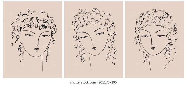 Simple Vector Illustrations with Hand Drawn Women Faces isolated on a Brown and Beige Background. Cute Romantic Prints with Portraits of Women ideal for Poster, Wall Art, Card, Decoration.