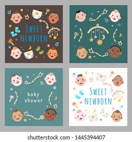 Simple vector illustrations of newborn babies faces of different race and skin color. Baby accessories illustrated as flat style card design for baby shower party
