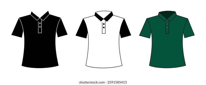 Simple vector illustrations of three polo shirt designs in black, white, and forest green