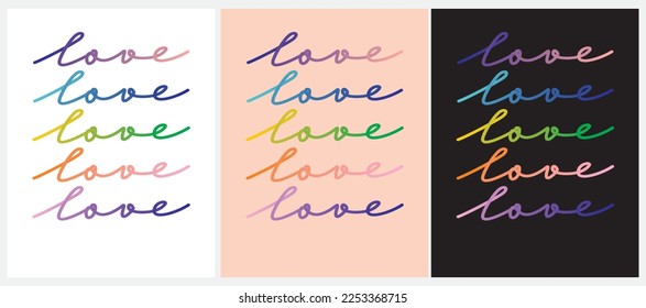 Simples ilustraciones vectoriales para el Día de San Valentín. Mano colorida dibujada con "amor" aislada en un fondo rosa blanco, negro y claro. Impresión romántica ideal para tarjetas, paredes de arte, afiches, saludos.