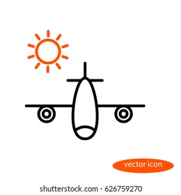 A simple vector image of an airplane carrying vacationers and an orange sun, a flat line icon for a travel agency